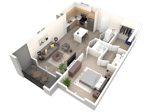 Floor plan for 1 bed, 1 bath, 775 sqft